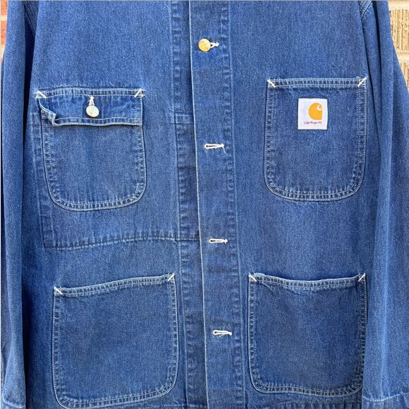Vintage 1989 CARHARTT 100 yr style Denim Chore Jacket USA size L (flaw-hole) - Picture 5 of 6